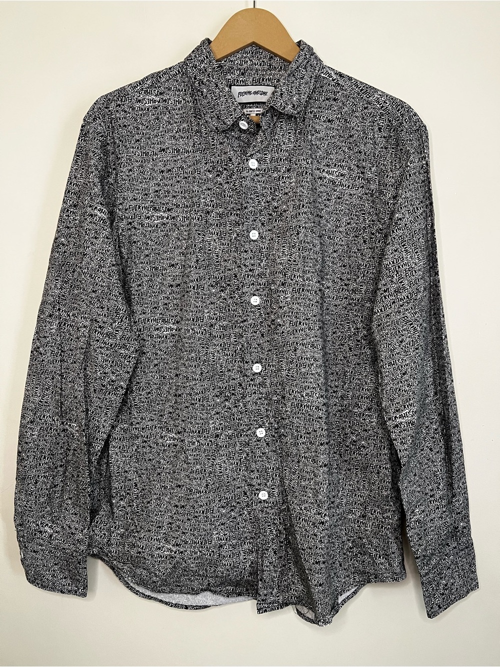 RARE FA F*cking Awesome All Over Print Long Sleeve Button Dress Shirt L *FLAWS*